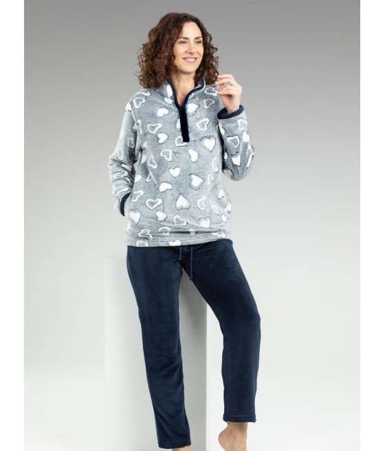 Pijama térmico invierno mujer Pettrus Corazones gris bolsillos coralina