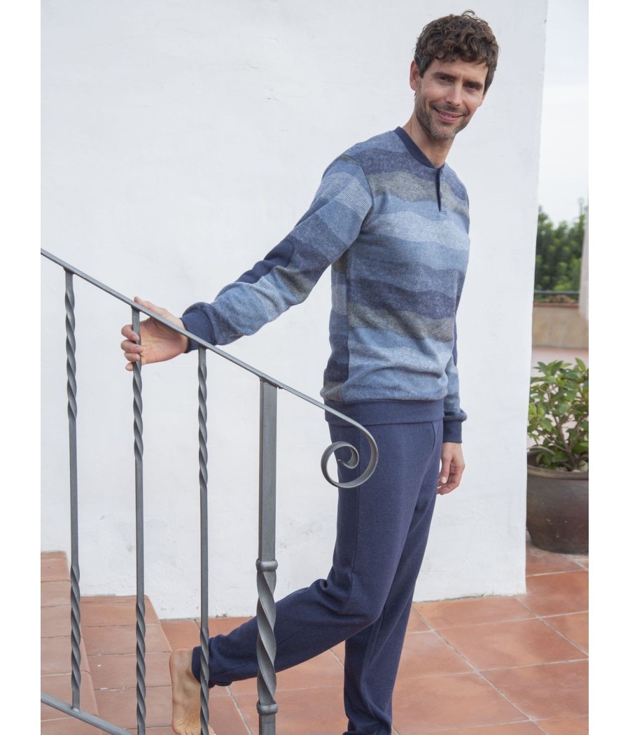 Pijama invierno hombre Muslher azul cuello abierto tapeta punto Milano