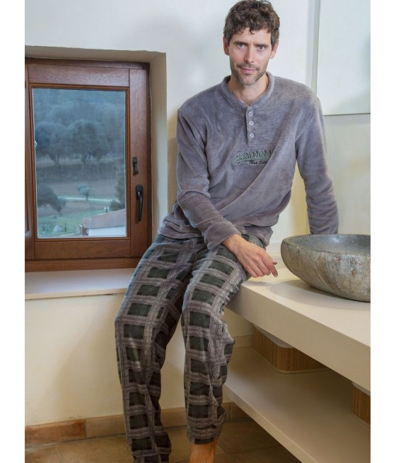 Pijama térmico hombre Muslher cuadros cuello abierto tapeta coralina