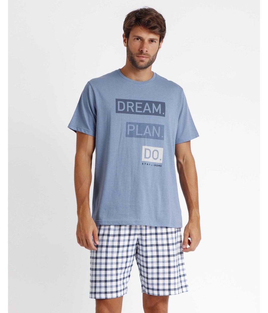 Pijama hombre verano Admas Plan cuadros azul bolsillos algodón