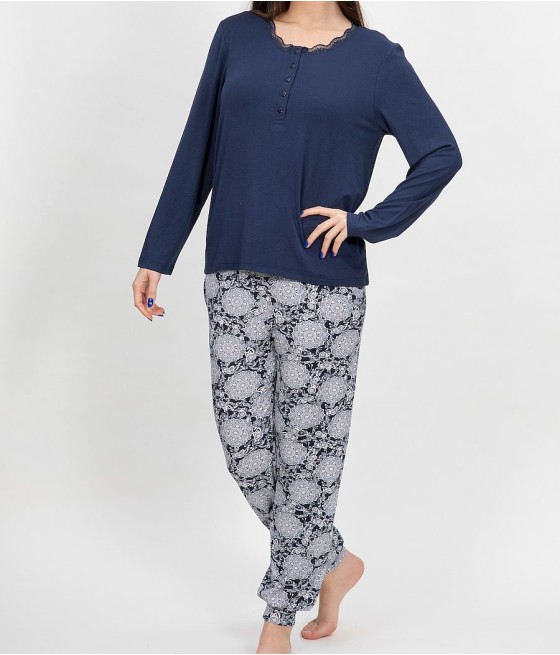 Pijama invierno mujer Pettrus azul viscosa bolsillos
