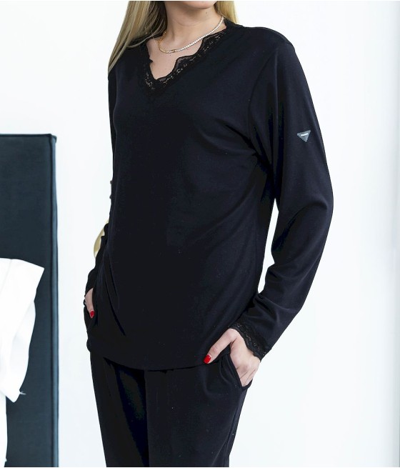 Pijama invierno mujer Privata negro encaje bolsillos