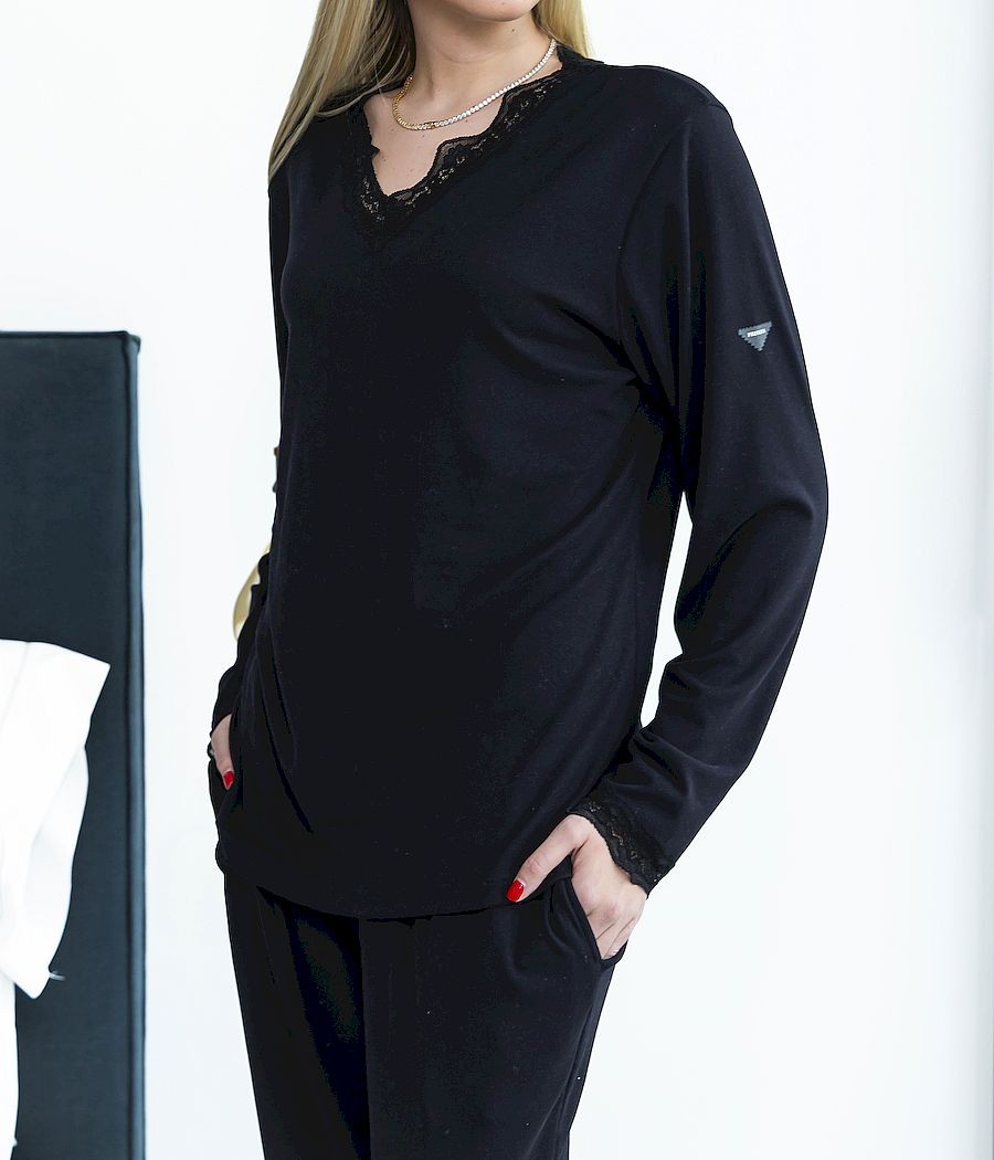 Pijama invierno mujer Privata negro encaje bolsillos
