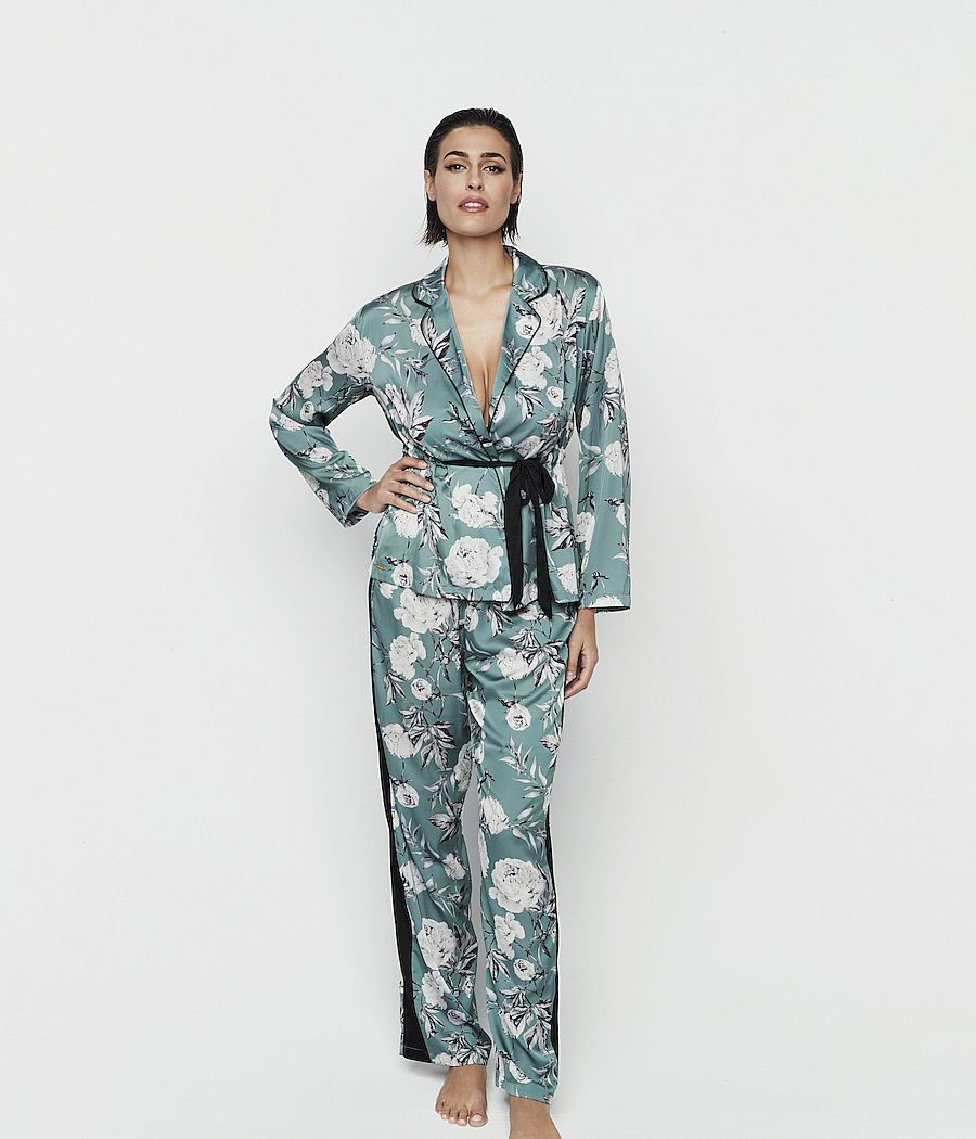 Pijama kimono satén mujer Selmark Malitzia verde